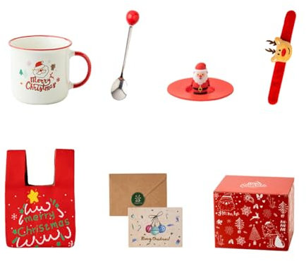 350Ml/12oz Creative Personalized Ceramic Coffee Milk Cup with Lid Spoon - Santa Claus (Rose Red) Bag Set of 7-350ml