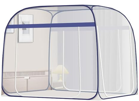 Tenda a baldacchino pop up con tre ante per letto matrimoniale traspirante zanzariera per interni blu 150 x 200 cm