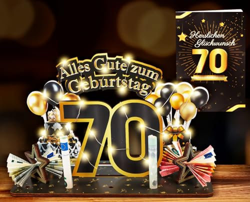 TUZELIYA Upgrade 70. Geburtstag Geldgeschenke mit LED Lichterkette und Geburtstagskarte, 70 Geburtstag Frau Mann Farbdruck Geschenke aus Holz, 70 Geburtstagsgeschenk Deko