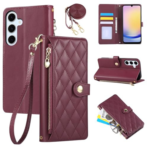 Rosbtib Étui pour Samsung Galaxy A25 5G 6.5 Pouces 2023, Coque pour téléphone Portable en Cuir PU avec Broderie en Losange, Galaxy A25 5G Étui à Rabat avec dragonne et bandoulière, Rouge