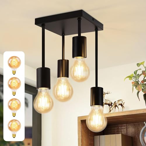 CBJKTX Deckenleuchte Schwarz Deckenlampe Vintage - E27 Küchenlampe 4 Flammig Retro Metall Hängend Industrial Deckenspots mit 4 Lichtquellen für küche Flur Schlafzimmer Wohnzimmer Bar