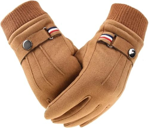 Skihandschuh Herren Winterhandschuhe warme weiche Lederhandschuhe Radfahren Outdoor Sport Fahrschnalle Männlicher Touchscreen Fäumen, braun, eine Größe