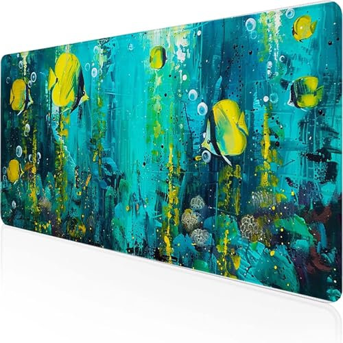 Mouse Pad Marine Life Gaming Mouse Mat 800x300x3mm, with Stitched Edges Desk Mats Butterfly Fish Desk Pad Large Waterproof Anti-Slip Rubber Base Smooth Surface Keyboard Cover for Office, Gifts 4-Q