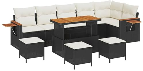 vidaXL Garten-Sofa-Set mit Kissen 10 pcs Schwarz Poly Rattan, Garten und Terrasse, modernes Outdoor-Sofa, UV-beständiges Mobiliar, Lounge-Set für die Terrasse
