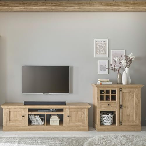 Lomadox Wohnwand Wohnzimmer-Set in Eiche mit schwarz 2-teilig, Landhausstil, 1 Kommode & 1 Lowboard