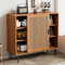 Merax Buffet de cuisine en rotin avec 2 portes en rotin - Buffet avec poignées en bois massif - Noyer - 100 x 37 x 90 cm