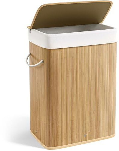 Laundry Basket with Lid, 50L Large Bamboo Laundry Hamper, Washing Basket with Removable Liner Bag, Clothes Hampers Laundry Bin for Bedroom, Bathroom, Laundry Room