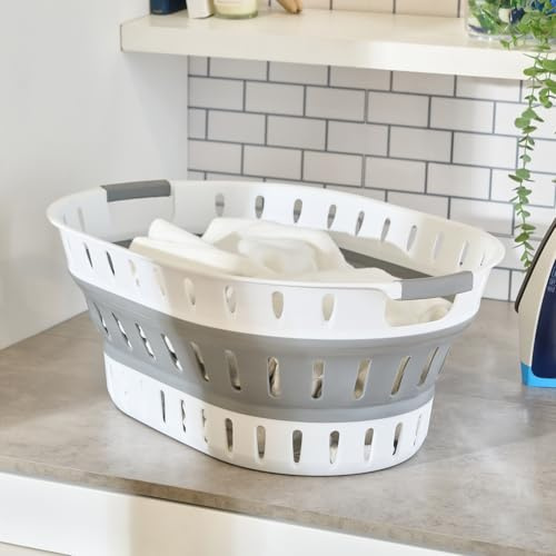 OHS Collapsible Laundry Basket Grey, Foldable Laundry Baskets with Handles Pop Up Plastic Washing Basket for Laundries Easy To Carry Spacious Clothes Storage Container