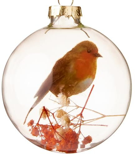 Christmas Robin Bauble with Foliage 80mm Glass Tree Decoration 3010