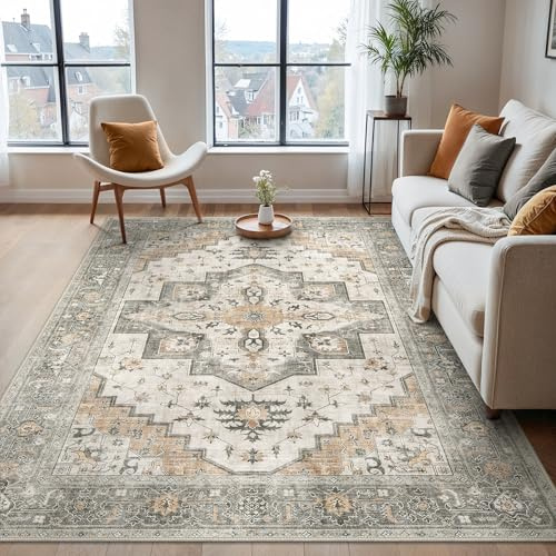 BEIMO Vintage Waschbarer Teppich Wohnzimmer, 300x400cm Taupe | Boho Orientalisch, Großer Weicher Kurzflor Carpet mit Rutschfester für Küche und Bettvorleger Schlafzimmer