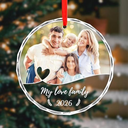 Personalised Crystal Christmas Bauble 2025 with Photo, Custom Christmas Ornament for Christmas Tree Decor, Customised Xmas Tree Decor Gift for Family, Couples, Baby’s First Xmas, Pets (Round-2)