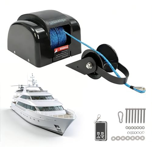 richigblosmum 12V Electric Boat Winch & Anchor Windlass Kit - 21kg Anchor Capacity with 31m Braided Rope, Includes Wireless Remote, for Small Boats, Dinghies, Bass Boats