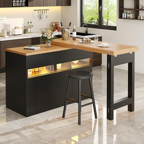 VIVCA Mesa de bar extensible con iluminación LED y función de giro 360°, longitud ajustable de 120-180cm, Moderna mesa de isla de cocina con espacio de almacenamiento, para salón, comedor, oficina en