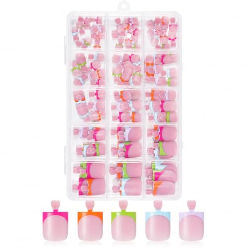 KINDLUME Lot de 150 Faux Ongles Pieds French Tips, Capsule Ongle Pied Carrés en Gel Souple Épais, Couvrance Complète pour Pédicure DIY, Décoration Été Plage, 15 Tailles