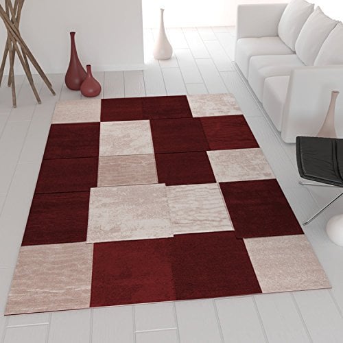 VIMODA Moderner Designer Teppich in Wein Rot Kariert und Meliert sehr dicht gewebt, Maße:80 cm x 300 cm