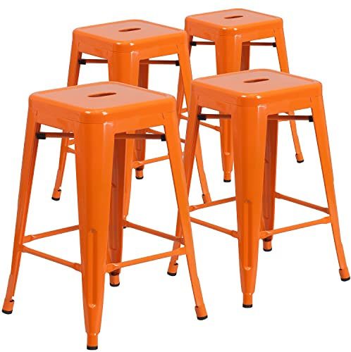 Flash Furniture Barhocker, kommerzielle Qualität, 61 cm hoch, ohne Rückenlehne, Metall, für Innen- und Außenbereich, Thekenhöhe, quadratische Sitzfläche, Kunststoff, Gummi, orange, 4 Stück