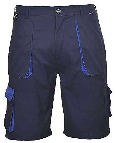 Portwest TX14 Texo Contrast Shorts Half Elasticated Waist 2 Thigh Pockets | Navy, X Small, UPF 50+, Tailored Fit, 60% Cotton, Handy Waistband D Ring, UV Protection, Durable, Phone Pocket, Workwear