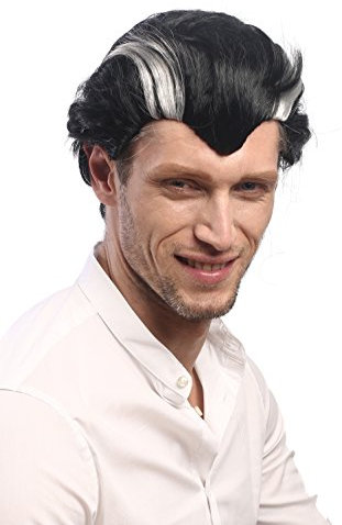 WIG ME UP - XH-820-ZA103-ZA68A Perücke Herren Karneval Halloween kurz Schwarz Grau Strähnen Geheimratsecken Vampir Dracula