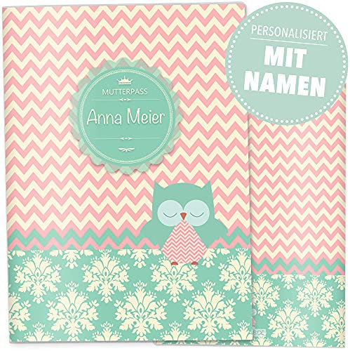 OLGS Mutterpasshülle 3-teilig personalisiert Eule Augen zu | Baby Schwangerschaft Geschenkidee Schutzhülle für den Mutterpass | Für werdende Mütter (Mutterpass personalisiert, Eule augen zu)