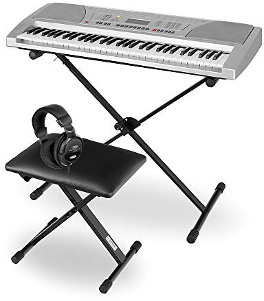 Funkey Deluxe Kit 61 Tasten Keyboard Set - Einsteiger Keyboard mit 100 Sounds & Rhythmen und Begleitautomatik - Komplettset Inklusive Stativ, Sitzbank und Kopfhörer - Silber