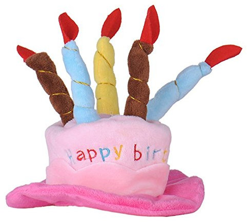 L-Peach Nettes Haustier-Kostüm Geburtstagskuchen-Hut mit 5 bunten Kerzen Hunde Katze Torten Hut Geburtstagshut Partyhut Cosplay Kostüm-Zusatz Rosa