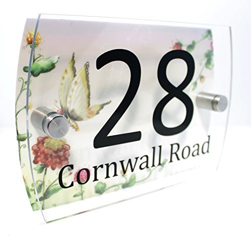 CS Printing Flowers and Butterflies Personalised House Number Plaque Glass Effect Acrylic Sign Door Plate Wall Display 2 Part Branded Acrylic (Flowers & Butterflies)