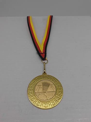 Fanshop Lünen Badminton 1 Stück Medaillen - aus Stahl 40mm - mit einem Alu Emblem, 25 mm - Federball - inkl. Medaillen Band - Farbe: Gold, mit Emblem 25mm - Turnier - (9285)
