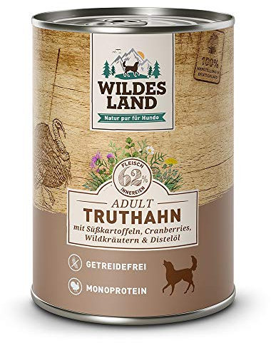 Wildes Land - Truthahn - 12 x 400 g - Mit Süßkartoffel, Cranberries, Distelöl und Wildkräutern - Nassfutter für Hunde - Hoher Fleischanteil - Monoprotein - Getreidefreies Hundefutter