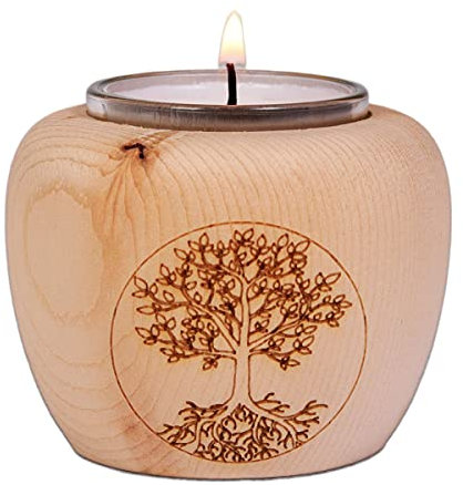Dekobox Photophore Mia en bois de pin avec motif arbre de vie au laser, H 7 x D 7 cm