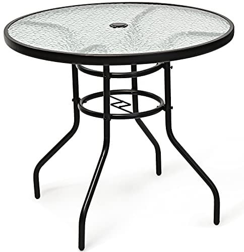 GOPLUS Gartentisch mit Schirmloch, Balkontisch mit Glasplatte & Metallrahmen, Terrassentisch Beistelltisch Bistrotisch Glastisch Esstisch für Garten & Terrasse (Rund)