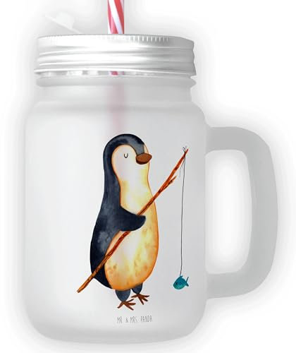 Mr. & Mrs. Panda Trinkglas Mason Jar Pinguin Angler - Geschenk, Fischer, Cocktailglas, Henkelglas, Freundinnen, Einmachglas, Seevogel, verträumt,