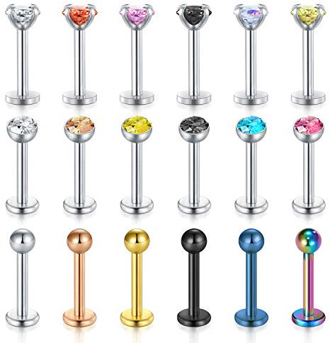 LAURITAMI 18pcs Barrette per Piercing Labbra Anelli 16G Acciaio Chirurgico Labret Borchie Anello Piercing Gioielli Conchiglia Cartilagine Tragus Elica Orecchino Bilancieri 8mm