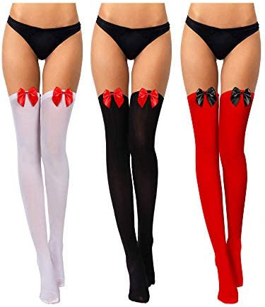 Boao 3 Paar Frauen Schleife Spitze Oberschenkelhohe Strümpfe Überknie Socken (Schwarz mit Rot Schleife, Weiß mit Rot Schleife, Rot mit Schwarz Schleife, 20 Zoll)