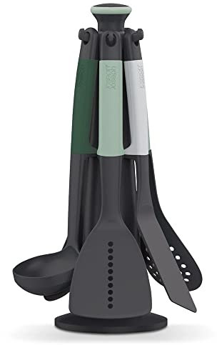 Joseph Joseph Elevate Set di Utensili da Cucina 6 Pezzi con Supporto Rotante, Manici Ergonomici in Silicone, Testa Antiaderente