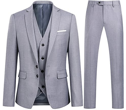YOUTHUP Mens Slim Fit 3 Piece Suit 2 Button Business Wedding Suits Tuxedo Blazer Waistcoat Trousers, Light Grey, XS