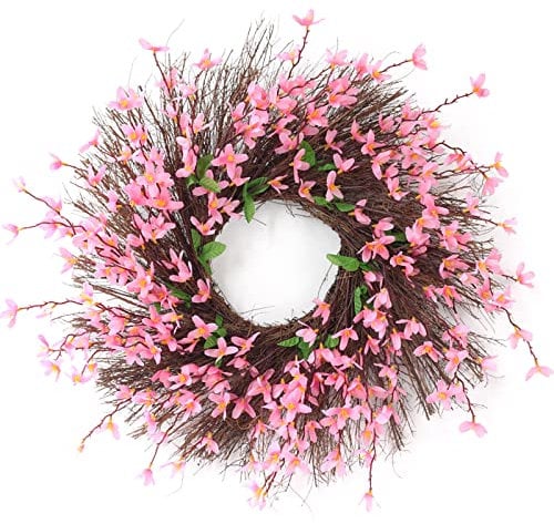 QYLJZB 20Inch Pink Artificial Wreath, Spring Summer Forsythia Wreaths with Rattan, Winter Jasmine Front Door Wreath for Front Door Wedding Home Decor