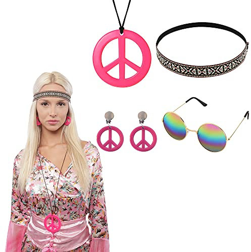 Carnavalife Accesorios de Disfraz Hippie 60s 70s, Banda Collar Pendientes de Signo de Paz y Gafas de Girasol para Fiestas Temáticas de los años 60, Conjunto de Complementos Vintage, 4pcs (FUCSIA)