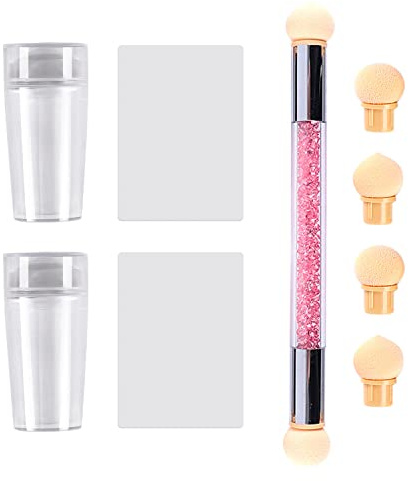 2 Pieces Nail Art Stamping with 1 Piece Double-Layer Brush Dye, Silicone Nails, Smile Line French Nails, Nail Printing Tool Accessories, for DIY Nail Art