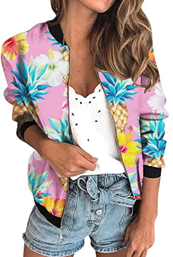 Minetom Veste Femme Motard Blouson Printemps Été Léger Bomber Blouson Outwear Zippé Imprimé Floral Court Jacket