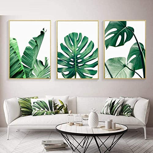 HTWLMM Toile Tableau Feuilles Vertes Feuilles Tropicales Art Peintures Decoration Feuille De Monstera Palmier Abstrait Moderne Affiche Murale Art Tableaux Salon Decoration sans Cadre (3X50X70CM)