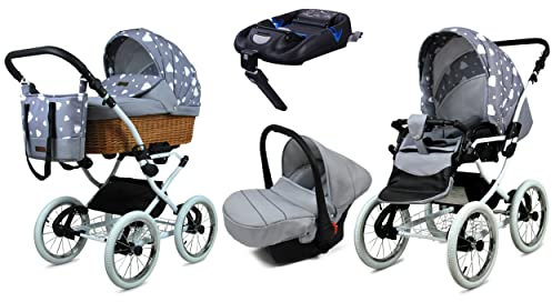 BabyLux Kinderwagen 4in1 mit Autositz für Kleinkinder – Kinderwagen für Neugeborene und Kleinkinder –– Baby Neugeborenen Kinderwagen – ISOFIX Autositzbasis – Max 15kg – Silver Hearts White Frame
