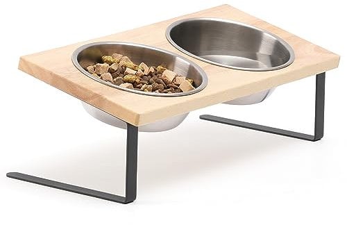 FUKUMARU Gamelles surélevées pour Chats, Petit Chien incliné à 15° en Acier Inoxydable, Support de Bol surélevé en Bambou Massif pour Animaux de Compagnie