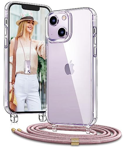 Vaykwo Handykette mit Band für Apple iPhone 14 Hülle und iPhone 13 Hülle - Necklace Handyhülle - Transparente Case zum Umhängen mit Kameraschutz und Bildschirmschutz - Roségold