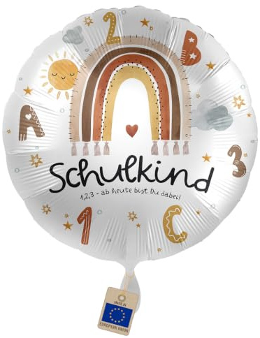 Folienballon Schulkind ABC 123 – Einschulung Ballon | Runder Schulanfang-Ballon mit Boho-Regenbogen, ABC & Zahlen, Geschenk & Deko für Einschulung, 1. Klasse & Fotoecke