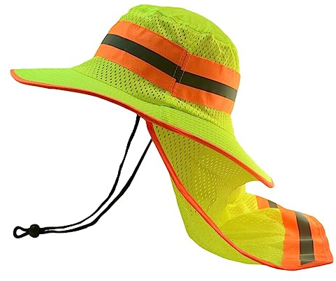 Glory Max High Visibility Reflective Work Safety Bucket Hat Cap Mesh Neck Flap (Full Brim Green 1Pc)