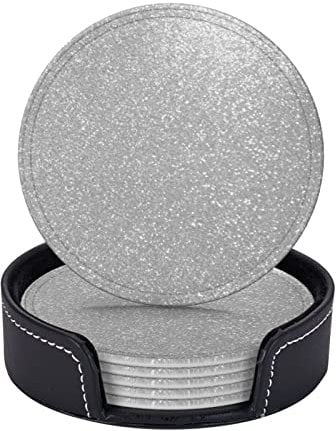 Faux Sparkly Silver Glitter Printed,Round Coasters, Mugs Pad, Cups Mat Set of 6 Leather Drinks Coasters with Holder