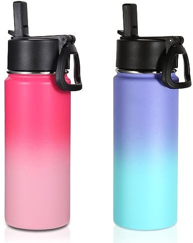 Volhoply 480ml Kids Water Bottle Bulk 2 Pack,Insulated Sports Bottles with Straw Lid,Stainless Steel Bottle with Handle Keep Cold & Hot,Double Wall Vacuum Flask for School(Assorted,Set of 2)