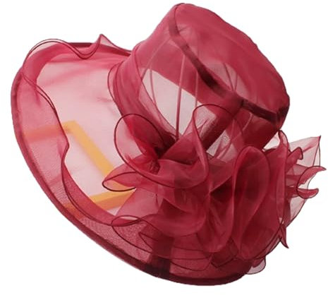 Michear Organza-Sonnenhut, für Kirche, Party, Hochzeit, Fascinator, atmungsaktiv, breite Krempe, Strandhut, Schleife, Partyhut, eleganter Pillbox-Hut, Retro-Fedoras, weinrot, 49
