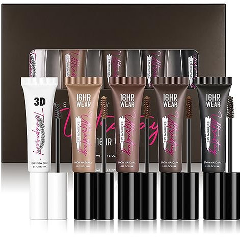 AURONUT Juego de tinta para cejas, 4 colores, rimel y pegamento, rubio, marrón, marrón oscuro, negro, aspecto natural, 16 horas de duración