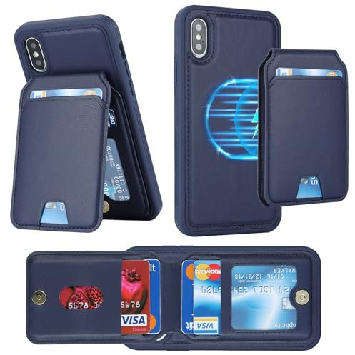 ELTEKER Hülle für iPhone X/XS Handyhülle mit Kartenfach Magsafe Wallet Magnetischer Kartenhalter Handy kreditkartenetui mit Ständer,Leder Klapphülle Schutzhülle für iPhone X/XS-Dunkelblau